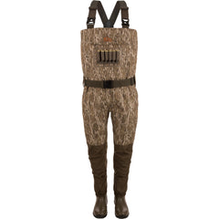 Front view of Drake Hardline breathable waders with Bottomland pattern and size 10 boots