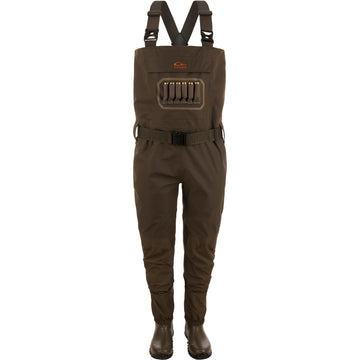 Front view of Drake Hardline breathable 3-layer chest waders in Green Timber, XL, boot 11