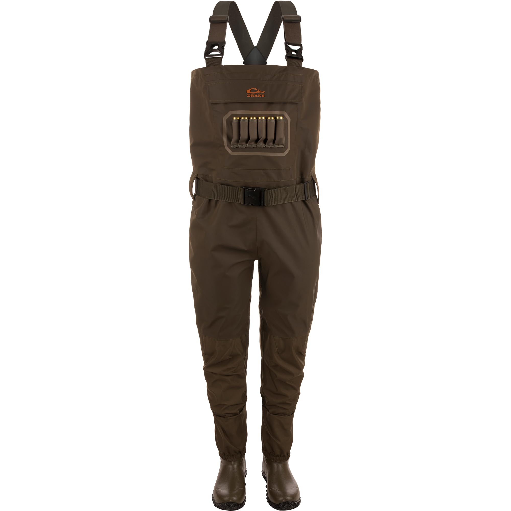 Drake Hardline breathable 3-layer waterproof chest waders with green timber design and boot size 12