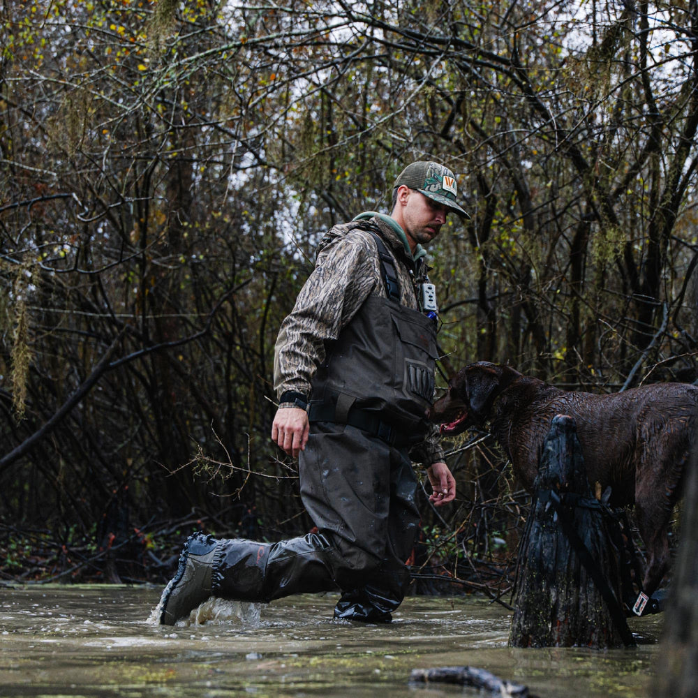 Reinforced high-gauge panels on Drake Hardline waders for rugged field use