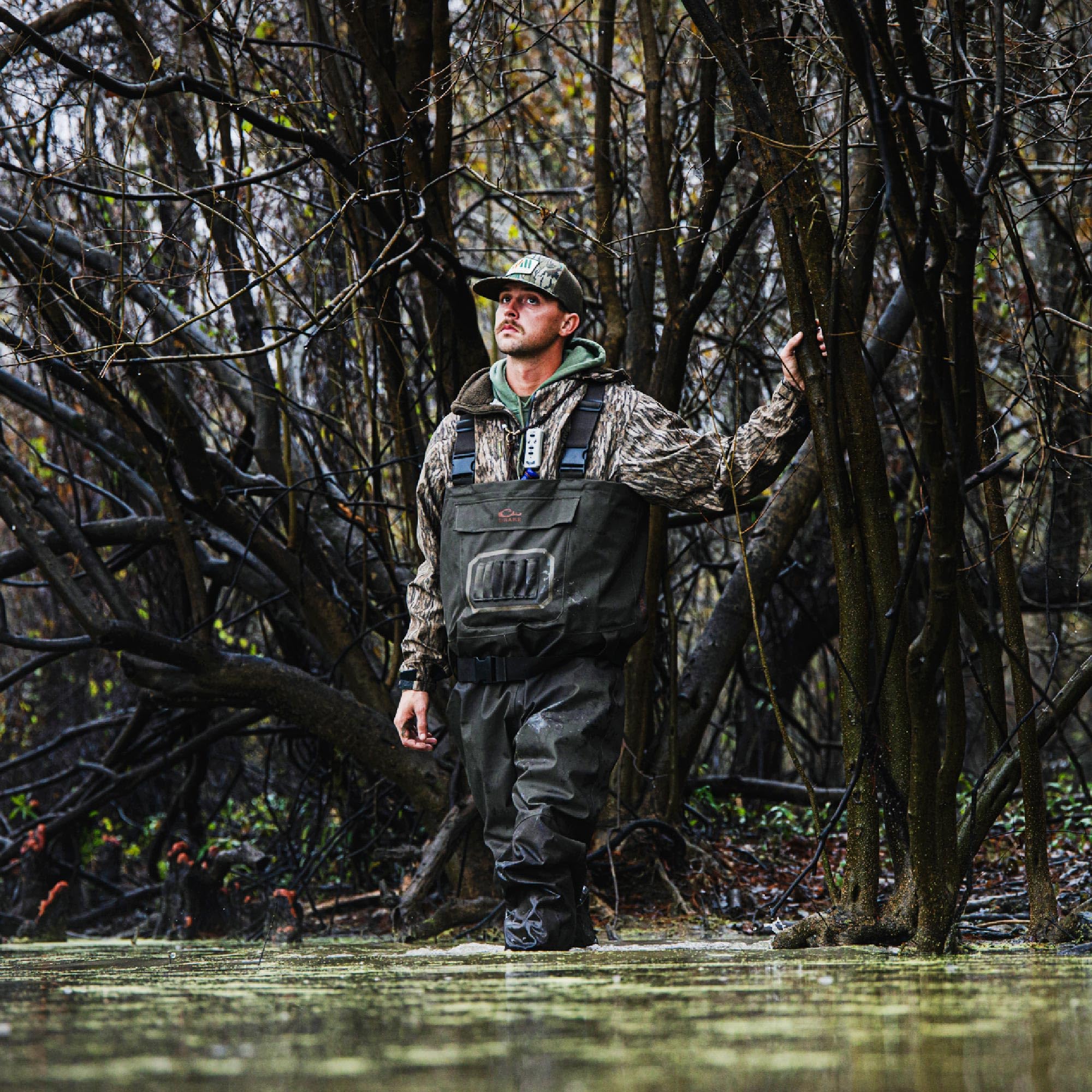 Close-up of high-gauge reinforcement panels on Drake Hardline waders