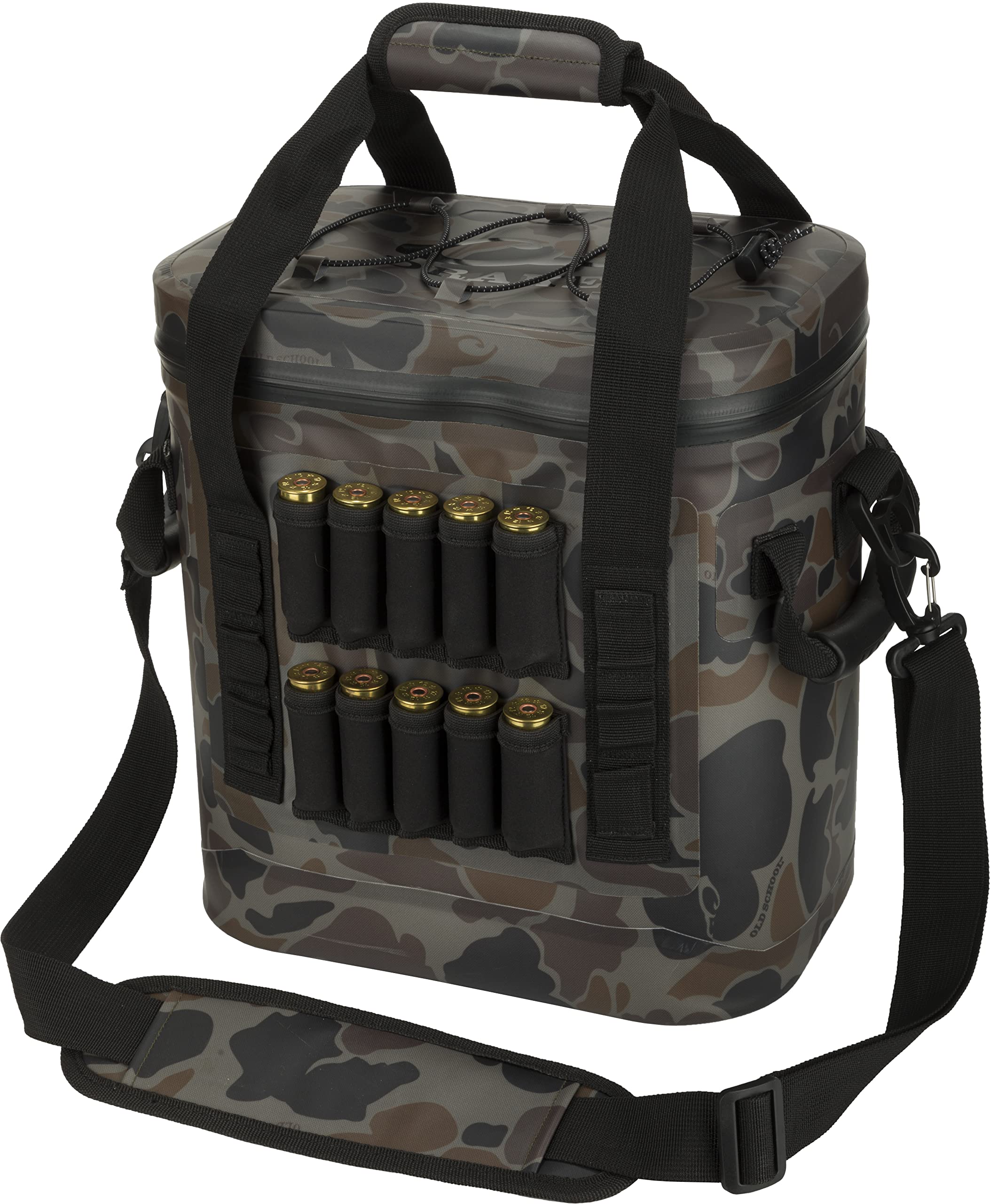 Drake Waterfowl 16-Can Cooler front view showcasing rugged Old School Camo and waterproof shell.