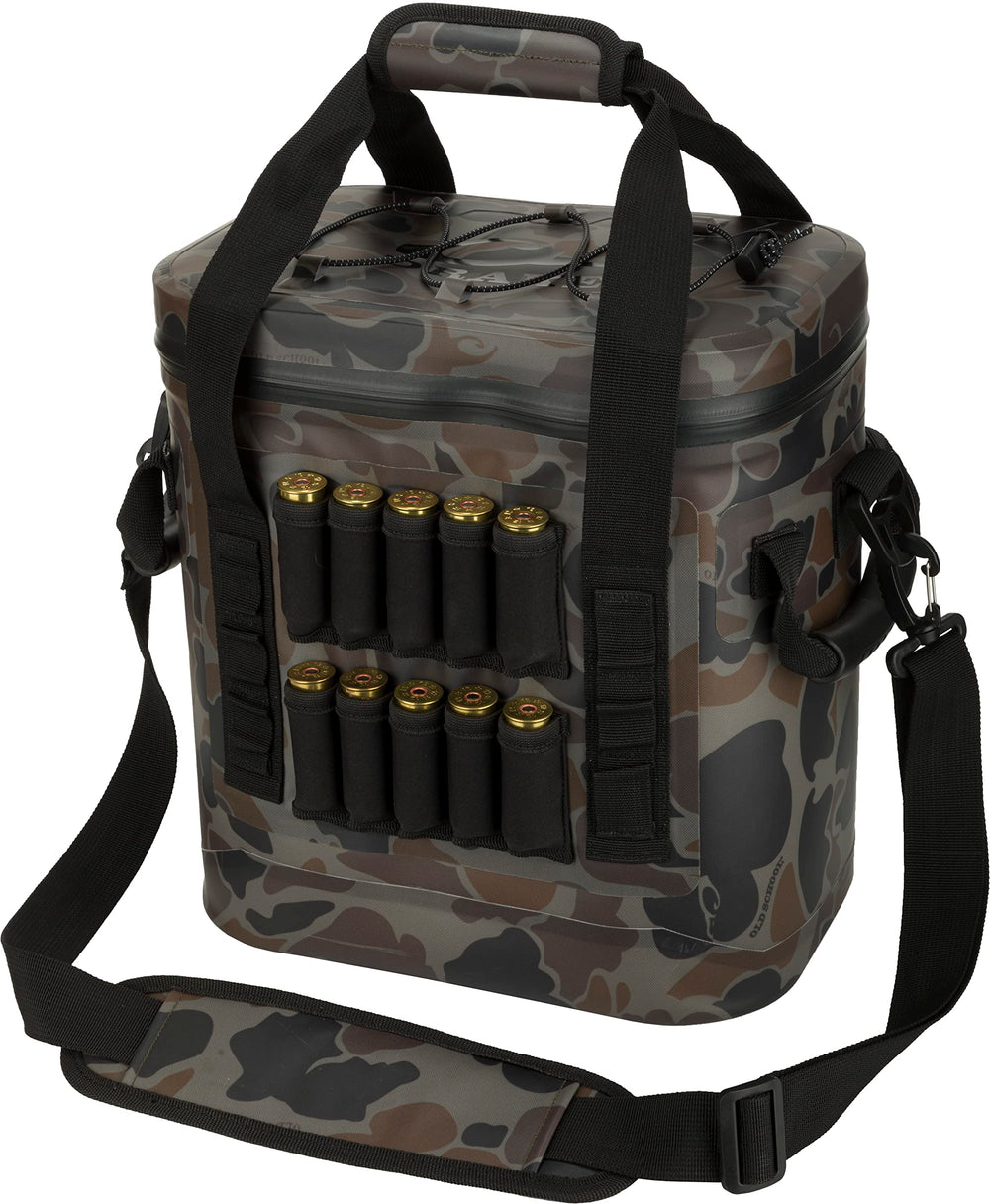Drake Waterfowl 16-Can Cooler front view showcasing rugged Old School Camo and waterproof shell.
