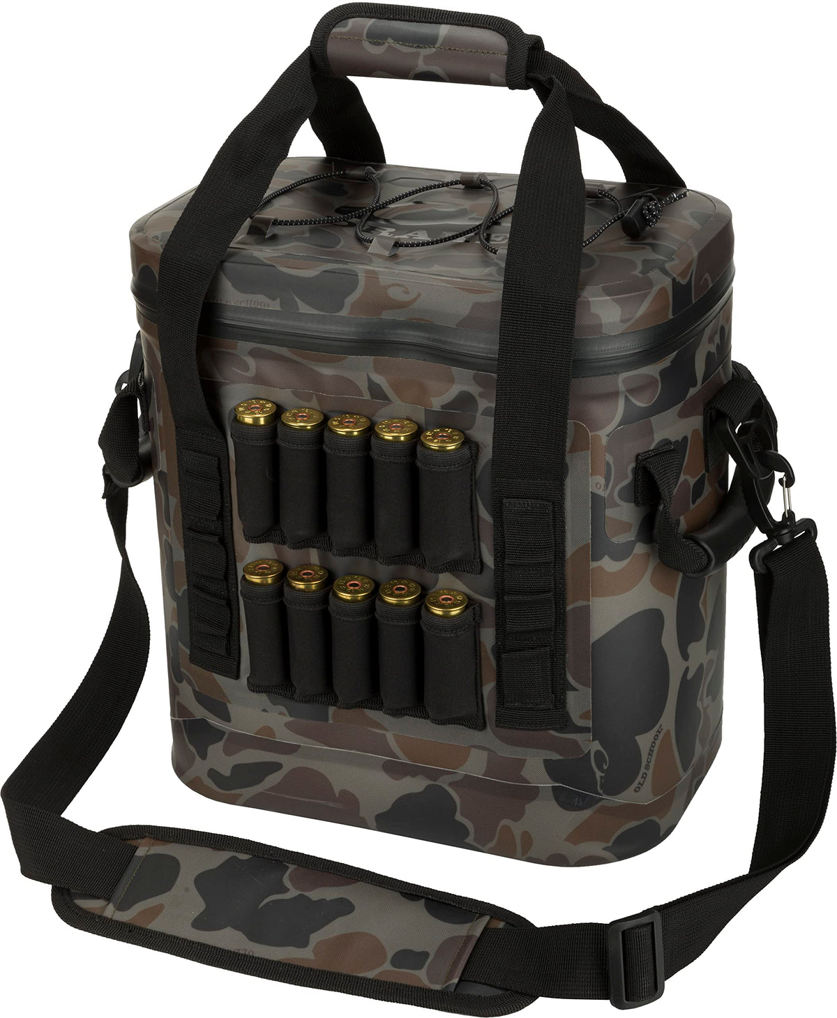 Drake Waterfowl 16-Can Cooler front view showcasing rugged Old School Camo and waterproof shell.