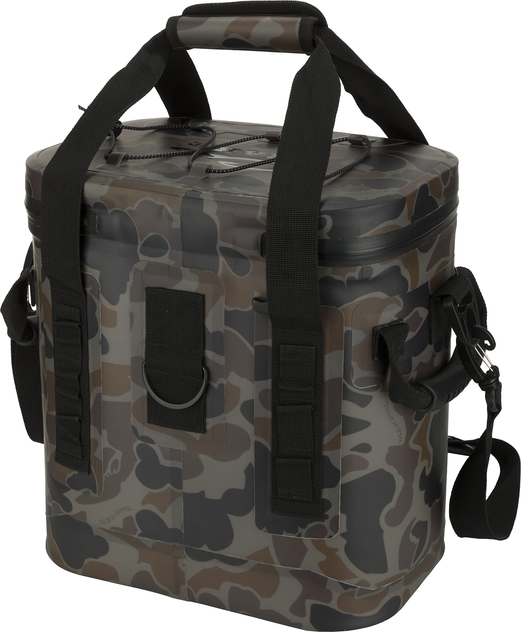 Drake Waterfowl 16-Can Cooler side view emphasizing padded strap and molded handles for easy transport.
