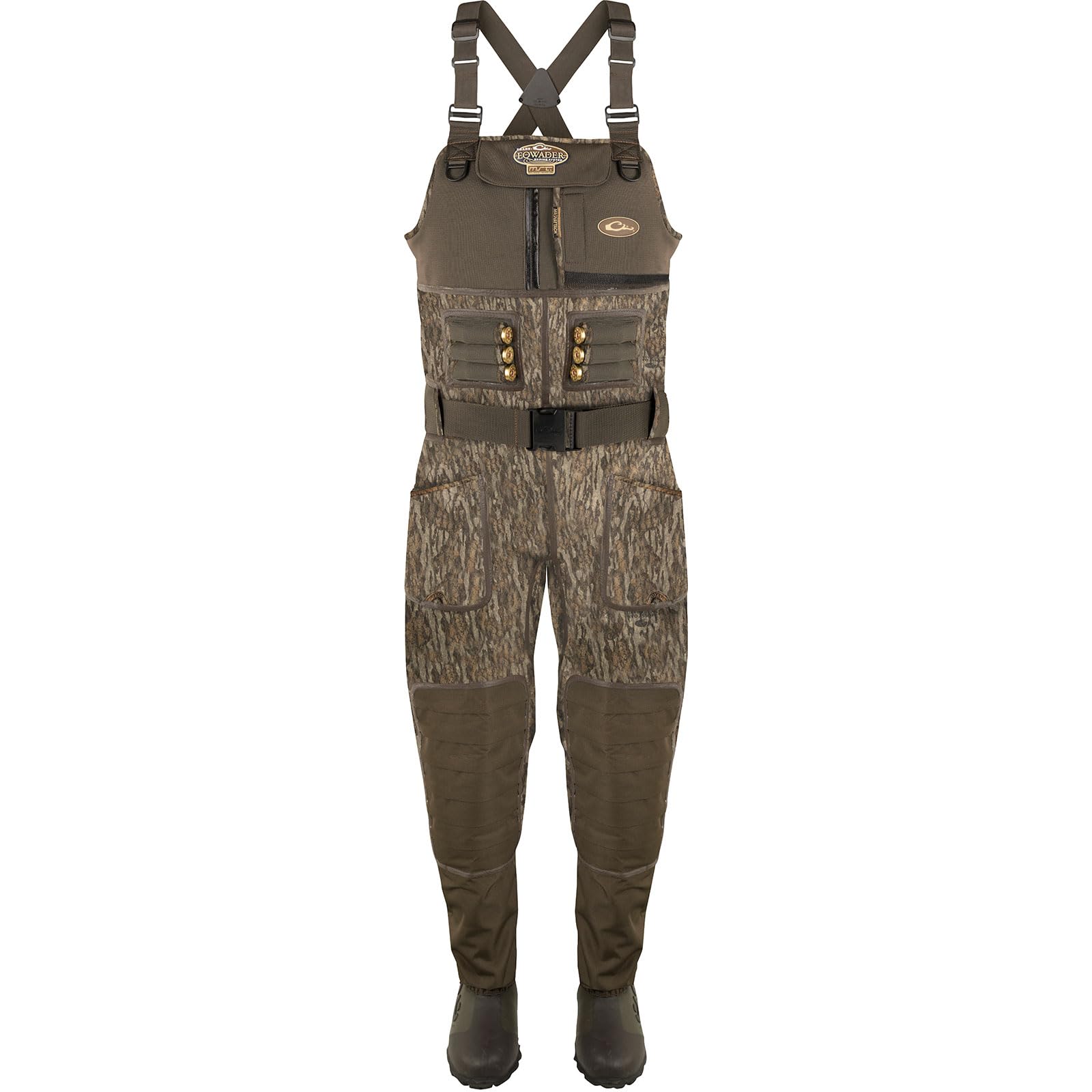 Drake Waterfowl Buckshot Eqwader waders show exterior seams treated for full waterproof protection.