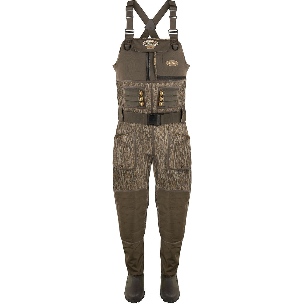 Drake Waterfowl Buckshot Eqwader waders show exterior seams treated for full waterproof protection.