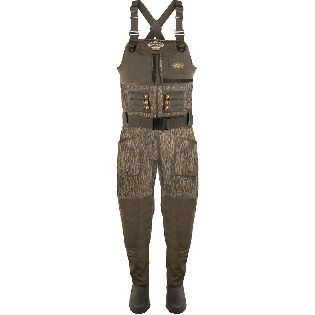 Drake Waterfowl Buckshot Eqwader waders show exterior seams treated for full waterproof protection.