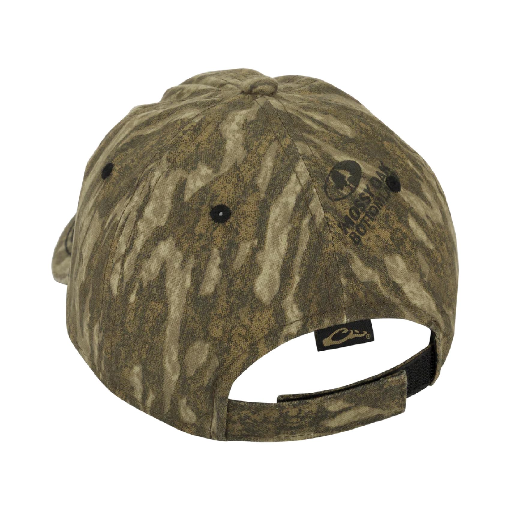 Drake Waterfowl camo cotton twill hex patch cap, back view, adjustable fit for secure wear.