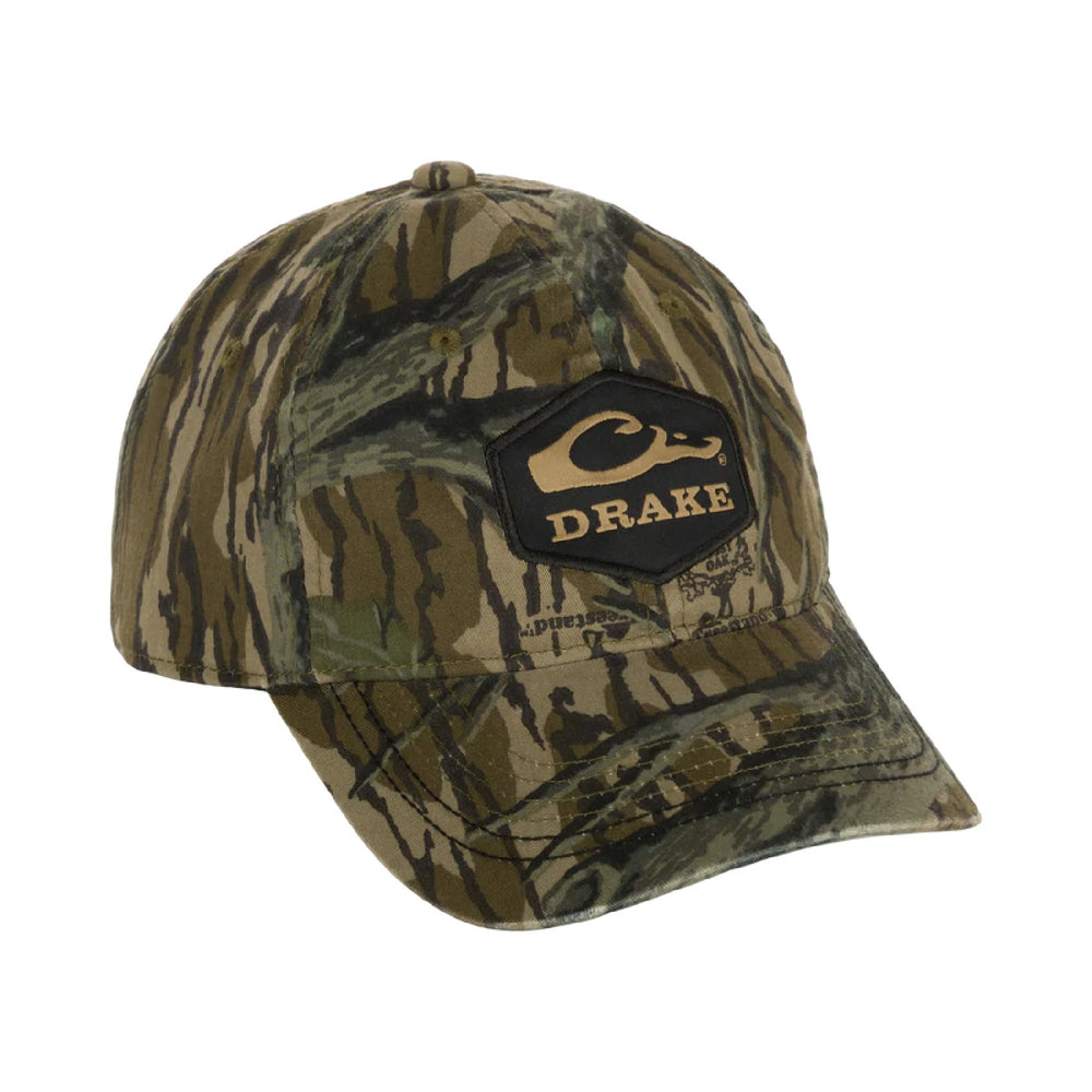 Drake Waterfowl camo cotton twill hex patch cap, front view, breathable all-day comfort.