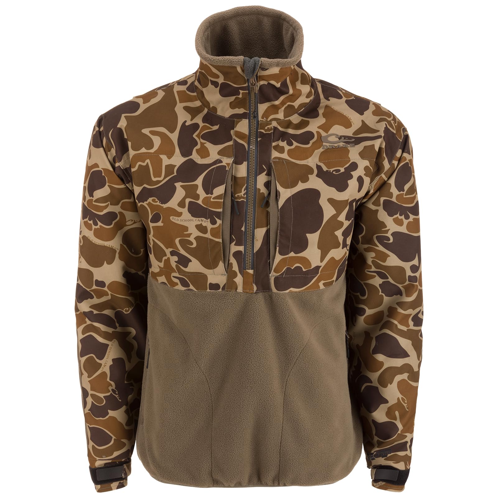 Drake Waterfowl CommandXT Eqwader half-zip jacket front view shows weatherproof upper protection for wet conditions.