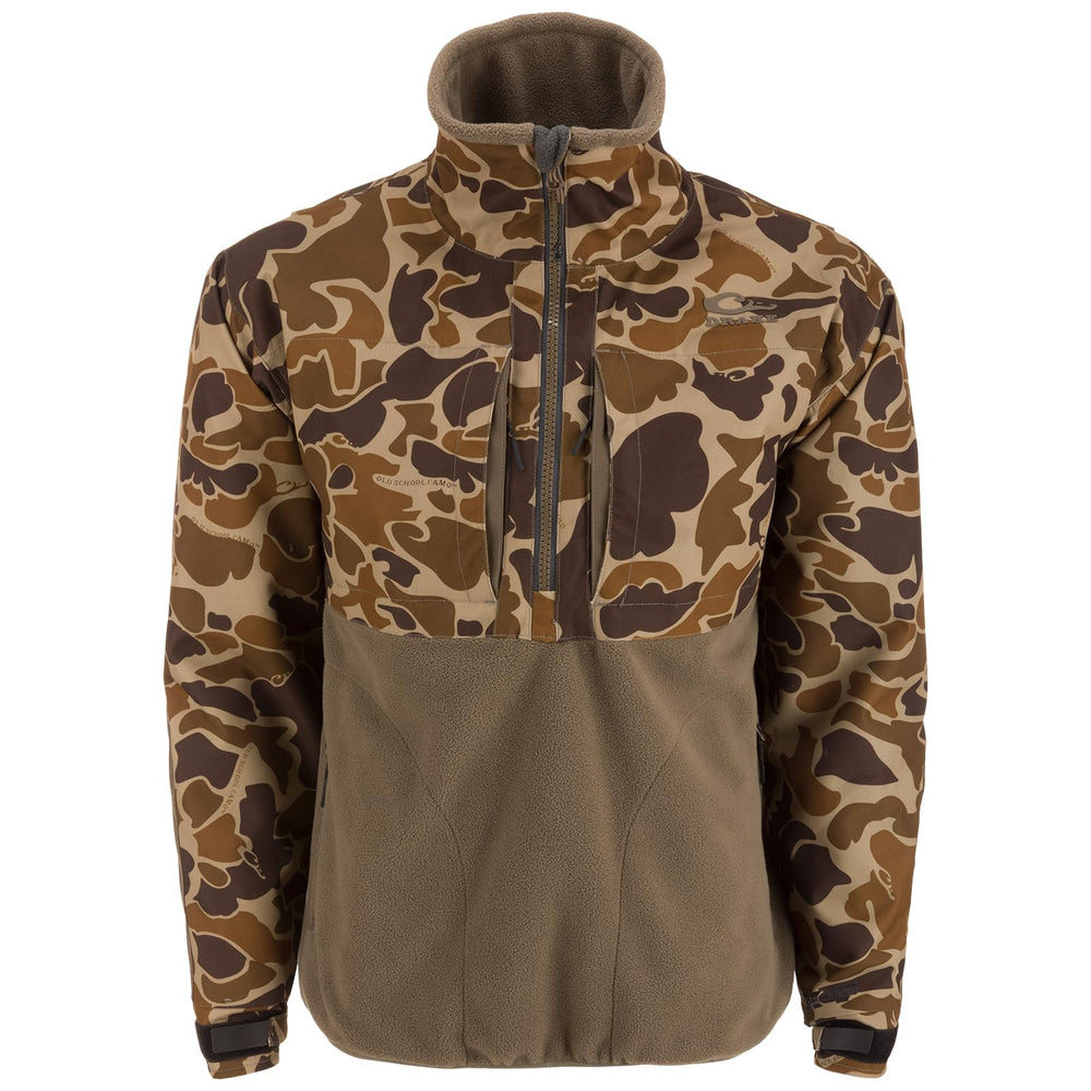 Drake Waterfowl CommandXT Eqwader half-zip jacket front view shows weatherproof upper protection for wet conditions.