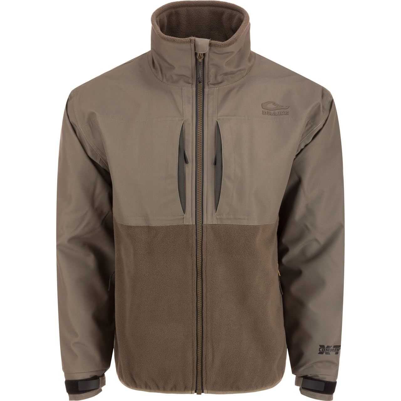 Drake Waterfowl CommandXT Eqwader jacket front view shows waterproof upper and warm fleece lower for all-day field comfort.