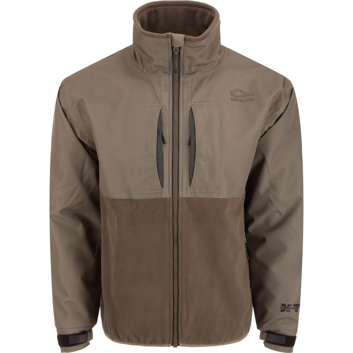 Drake Waterfowl CommandXT Eqwader jacket front view shows waterproof upper and warm fleece lower for all-day field comfort.