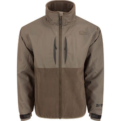 Drake Waterfowl CommandXT Eqwader jacket front view shows waterproof upper and warm fleece lower for all-day field comfort.