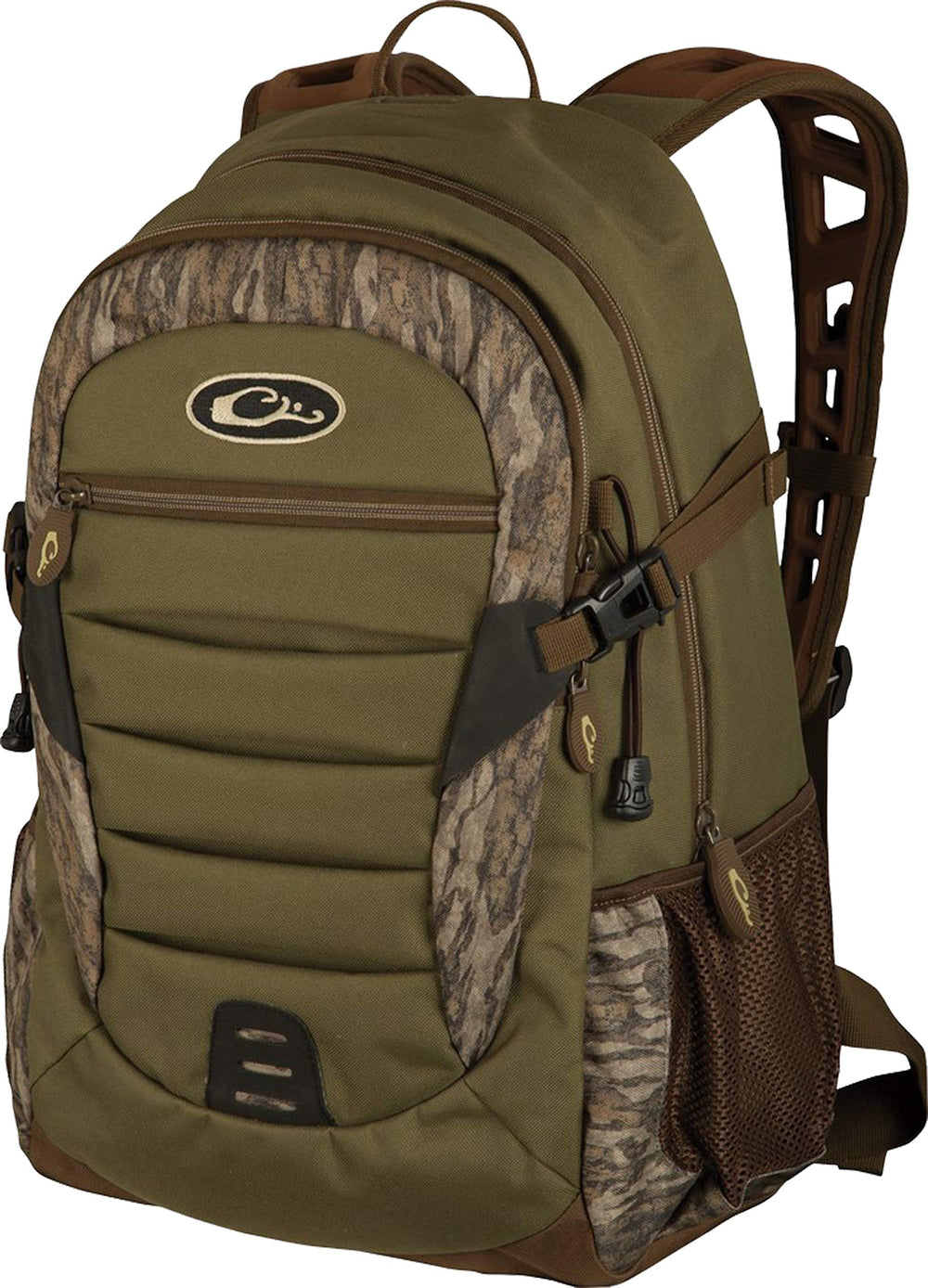 Drake Waterfowl Daypack in Mossy Oak Bottomland with front pocket for quick access