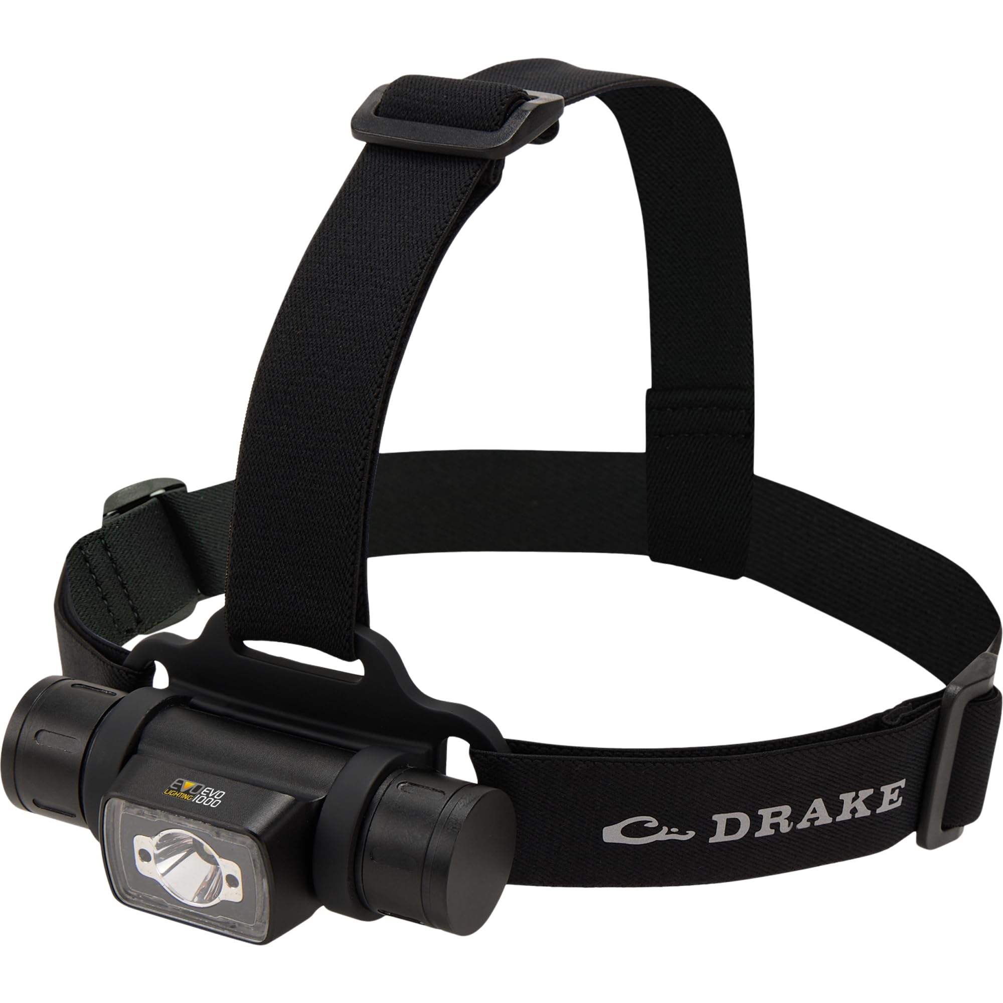 Drake Waterfowl EVO1000 headlamp front view shows rugged aluminum body for reliable field lighting.