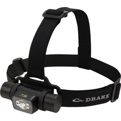 Drake Waterfowl EVO1000 headlamp front view shows rugged aluminum body for reliable field lighting.