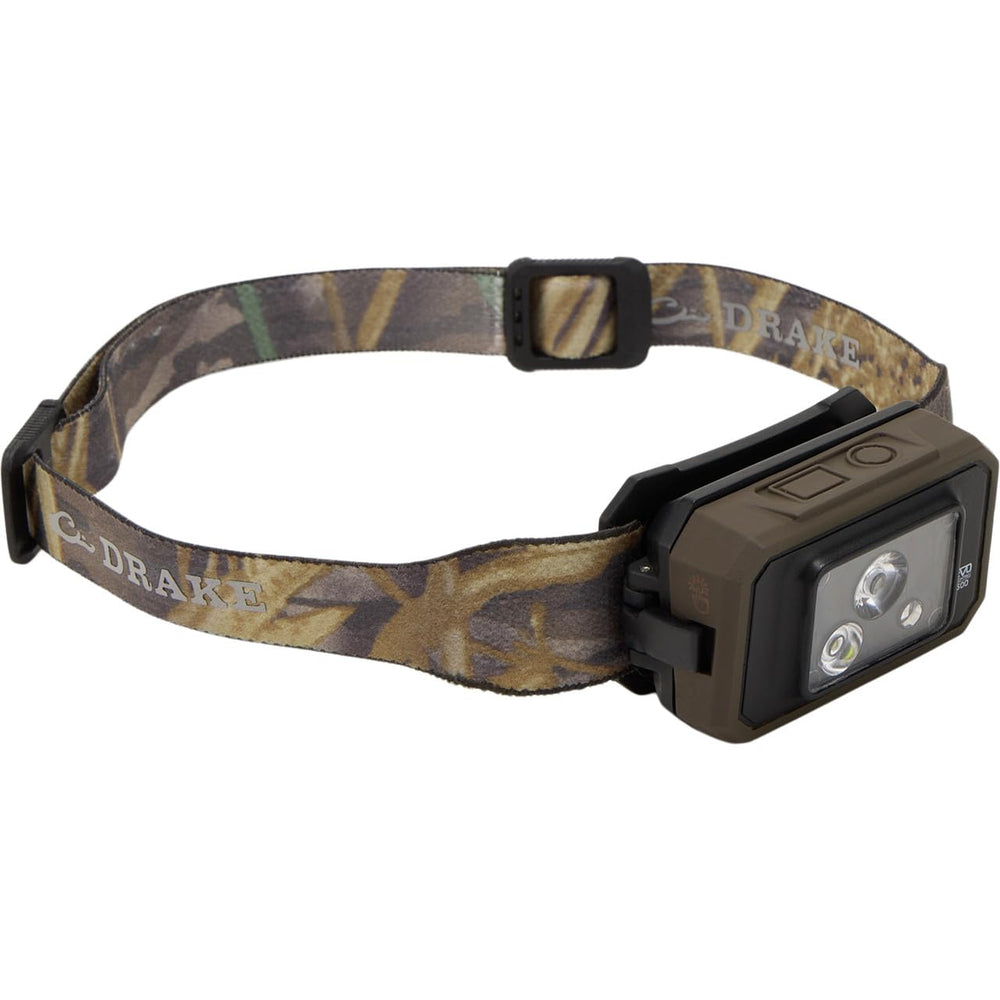 Drake Waterfowl EVO500 headlamp beam illuminates marsh edge for early-morning hunts.