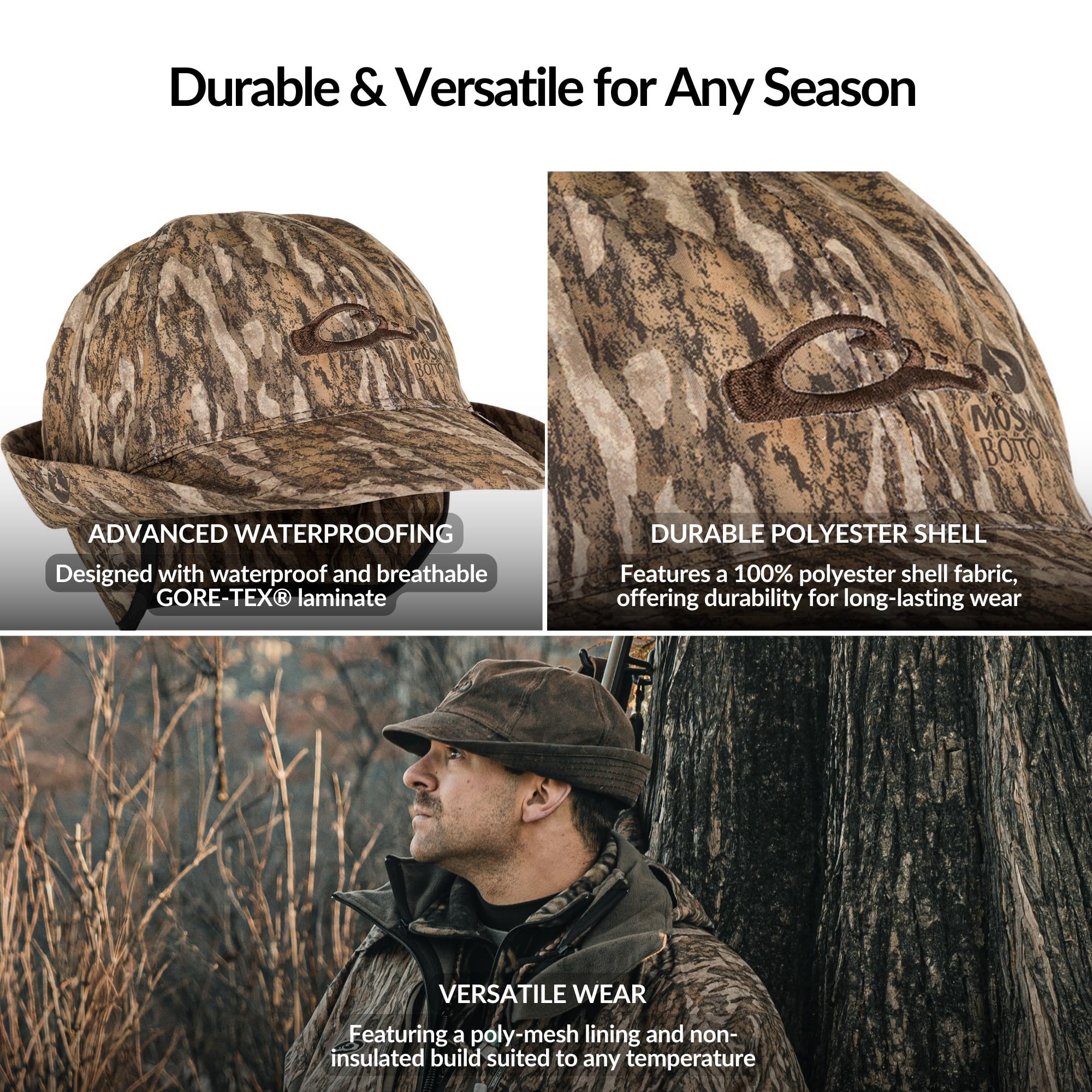 Drake Waterfowl Gore-Tex Jones Hat ear flaps, fold-down warmth for cold mornings.