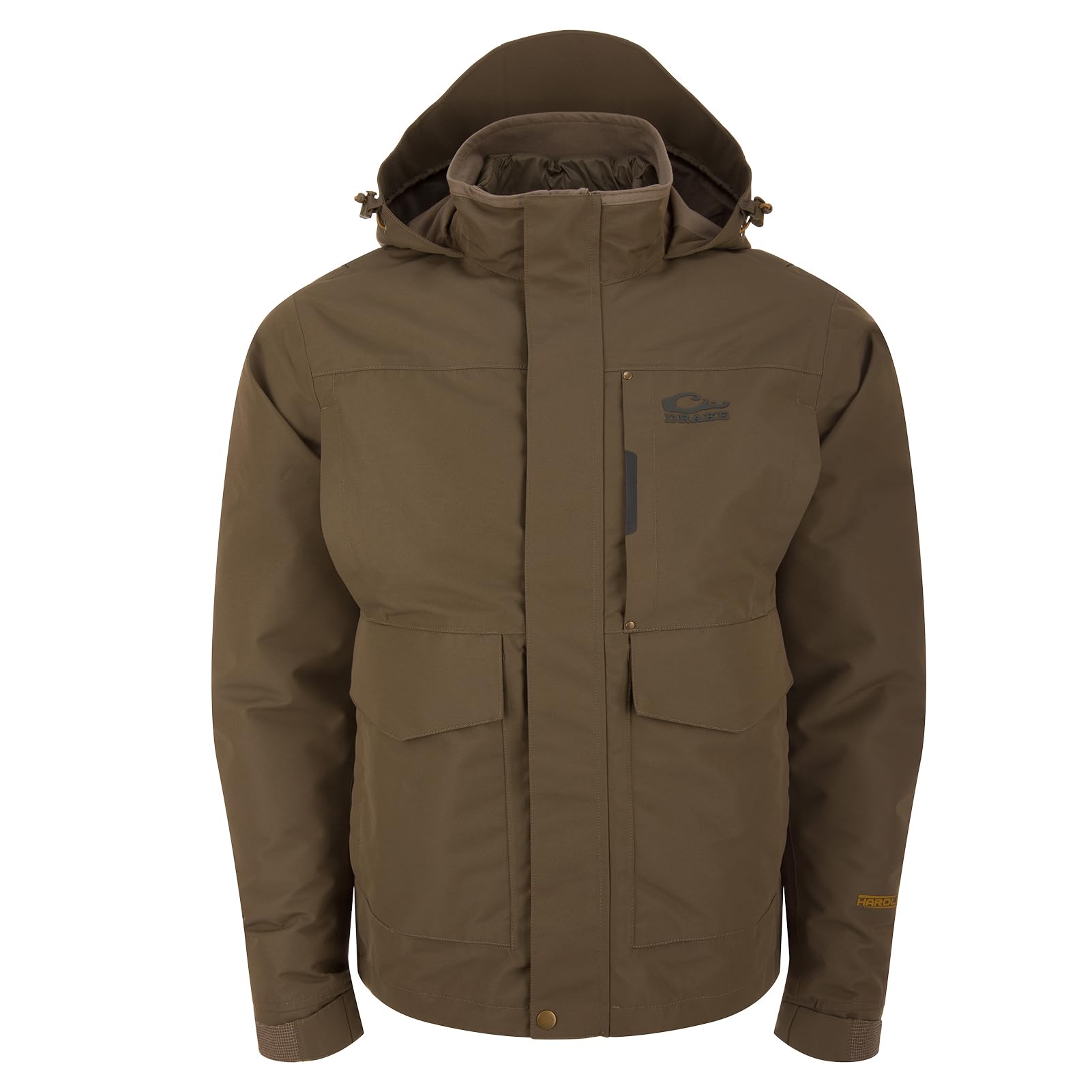 Drake Waterfowl Hardline outer shell waterproof windproof with DWR for rugged mornings.