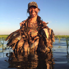 Drake Waterfowl Heavy Load Game Tote waist strap in use for stability during movement