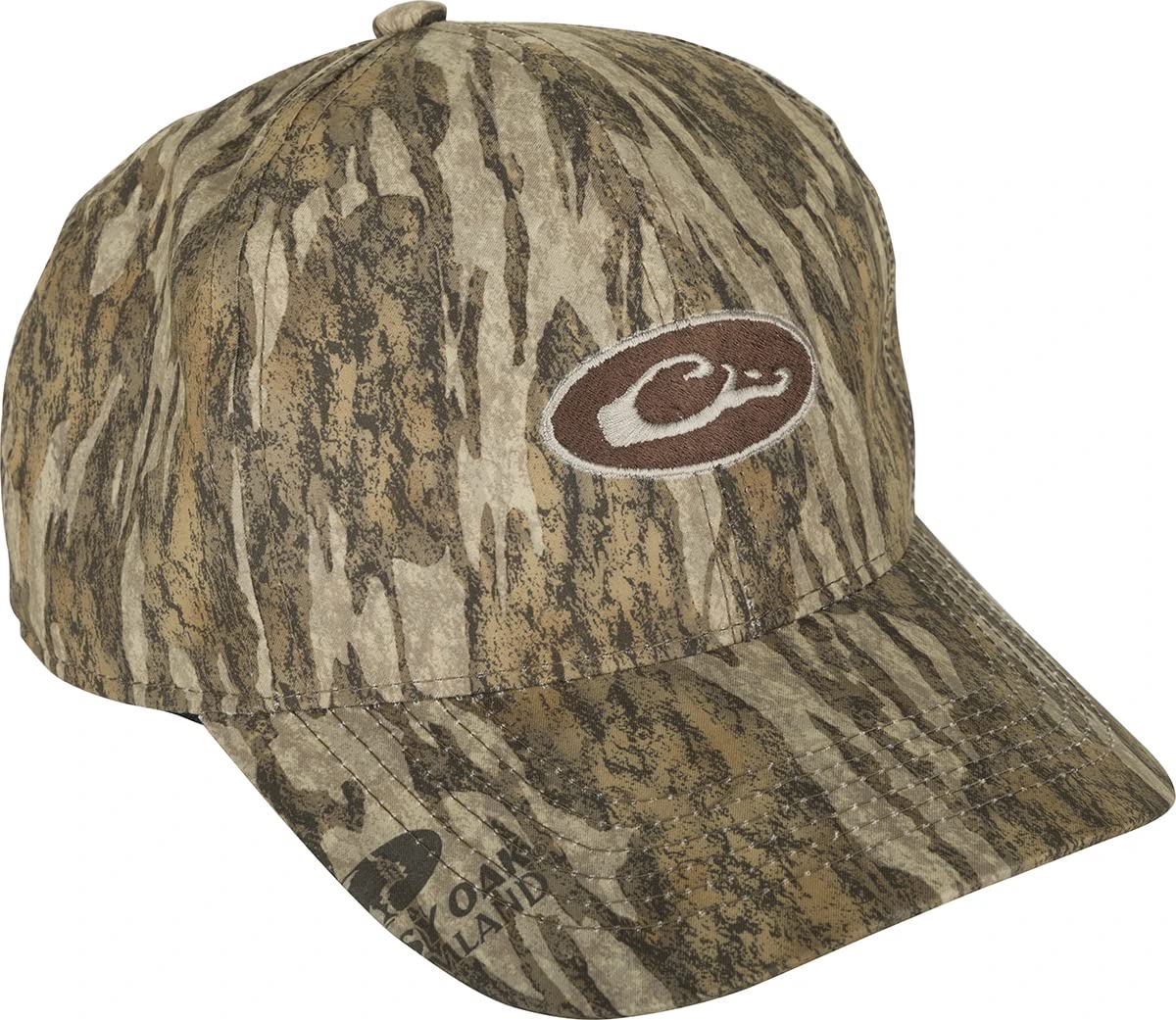 Drake Waterfowl men's waterproof camo cap, front view, conceals from above during hunts.