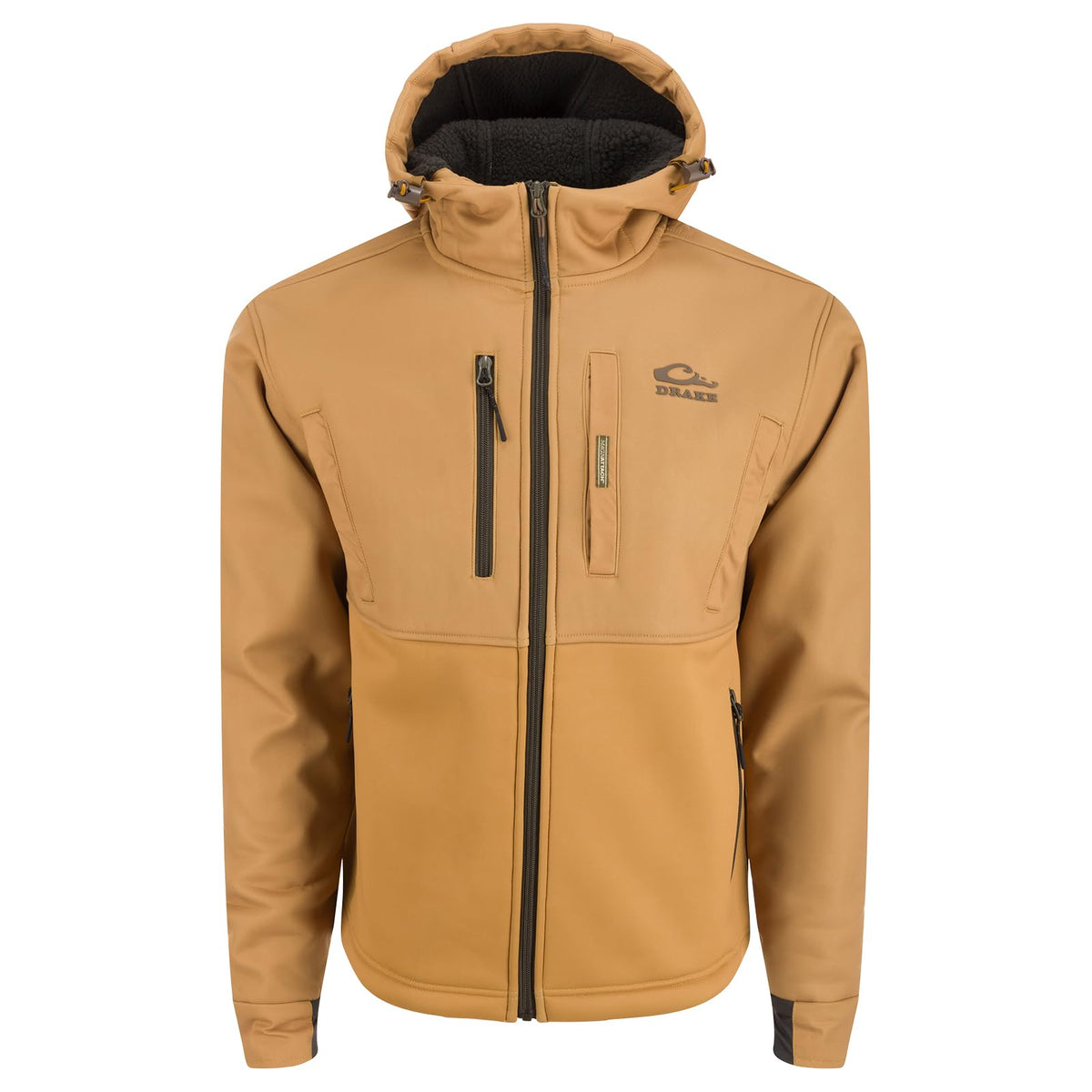 Drake Waterfowl MST Hole Shot hooded windproof upper detail shows wind-blocking 3-layer protection.