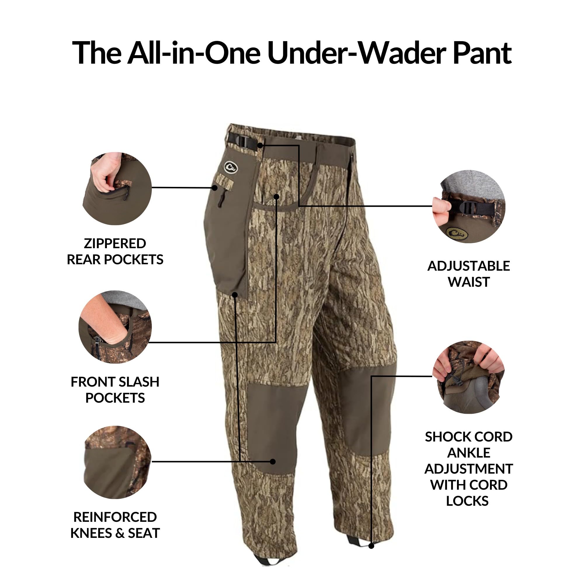 Drake Waterfowl MST Jean Cut Under-Wader Pant 2.0 knee patches support long wear.