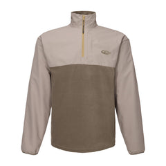 Drake Waterfowl MST Quarter Zip Refuge Eqwader jacket mud brown front view highlighting waterproof protection for hunters