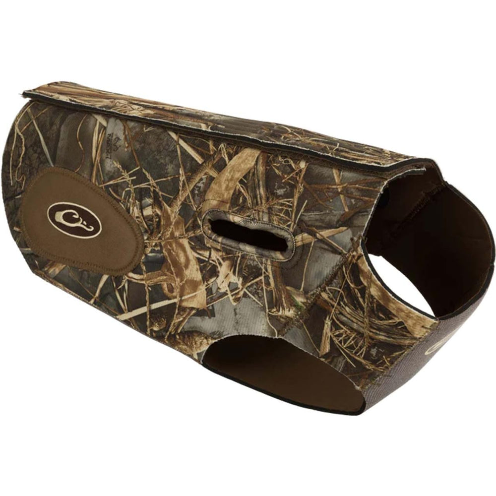 Drake Waterfowl neoprene dog vest in Realtree Max-7, 5mm insulated, front view with built-in assist handles