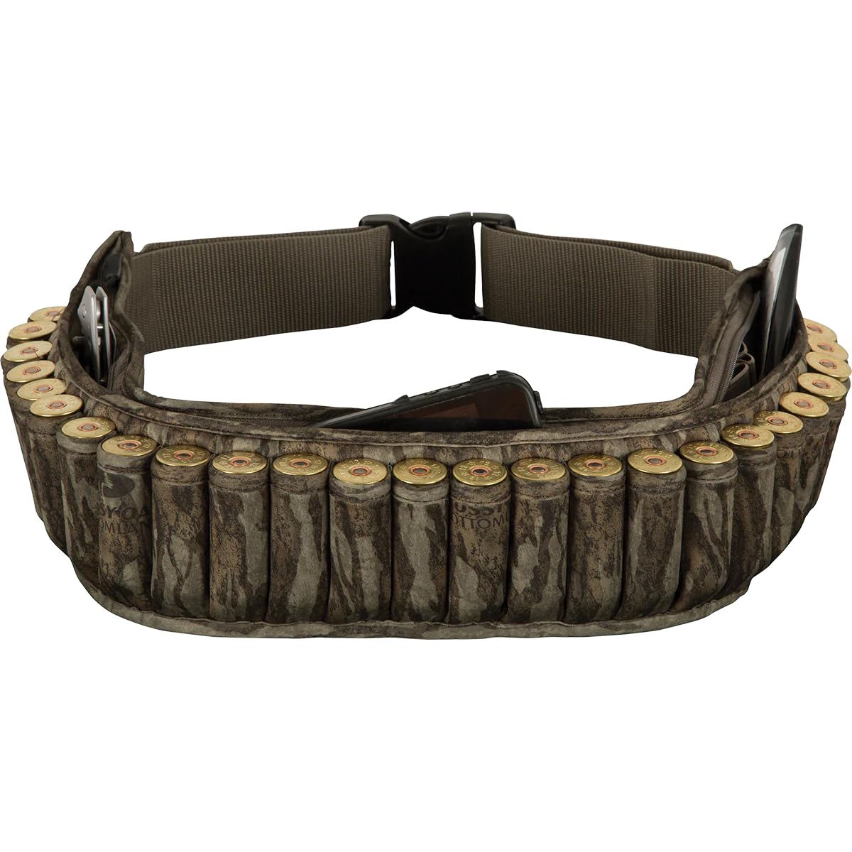 Drake Waterfowl neoprene shell belt in Mossy Oak Bottomland, side view for quick shell access