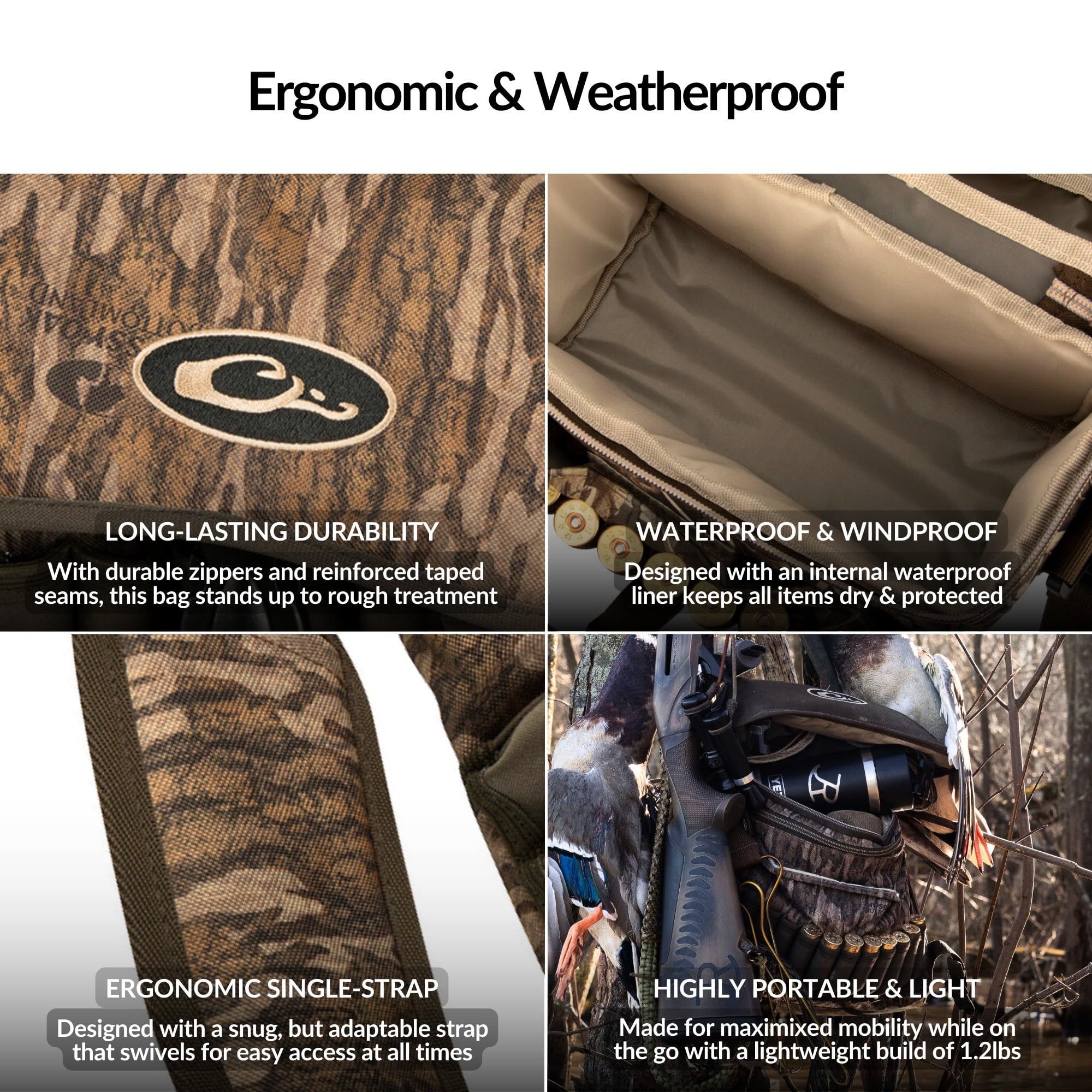 Drake Waterfowl Refuge Blind Bag Mossy Oak Bottomland padded strap for comfortable carry.