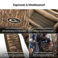 Drake Waterfowl Refuge Blind Bag Mossy Oak Bottomland padded strap for comfortable carry.