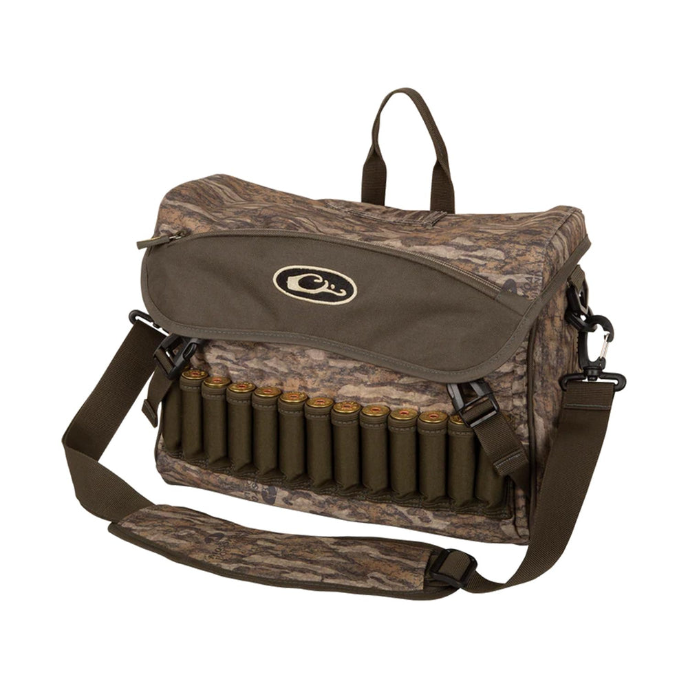 Drake Waterfowl Shoulder Bag 2.0 front view in Mossy Oak Bottomland highlighting rugged, organized storage
