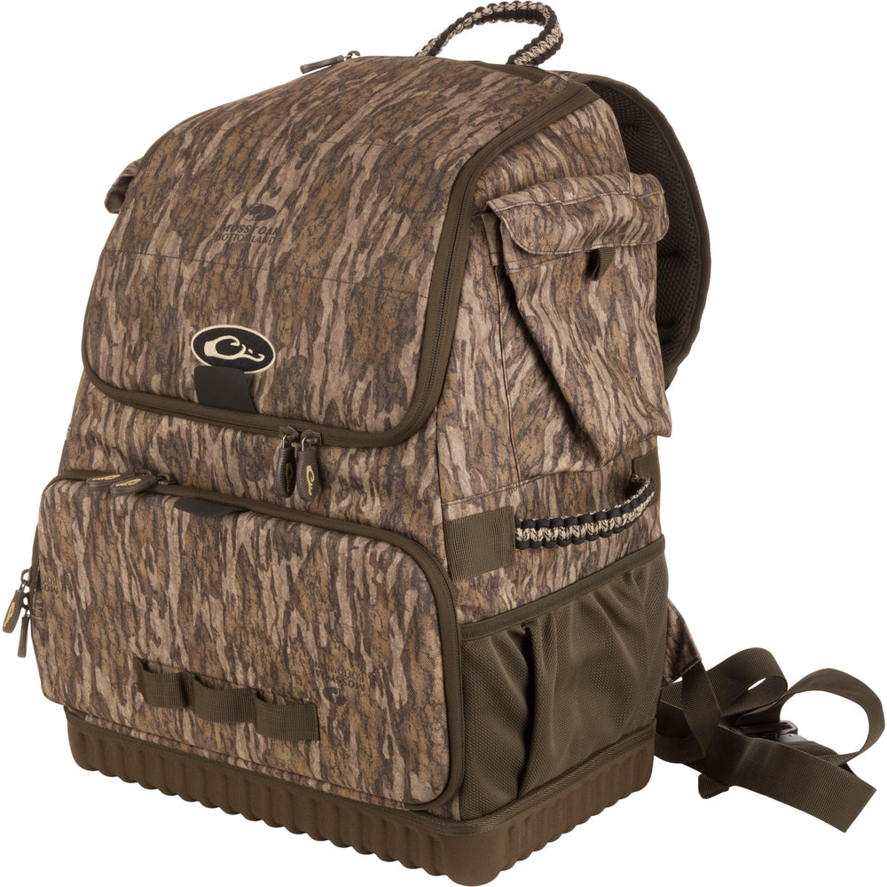 Drake Waterfowl Tree-Hugger Timber Pack front view emphasizes rugged waterproof build for marshy hunts.