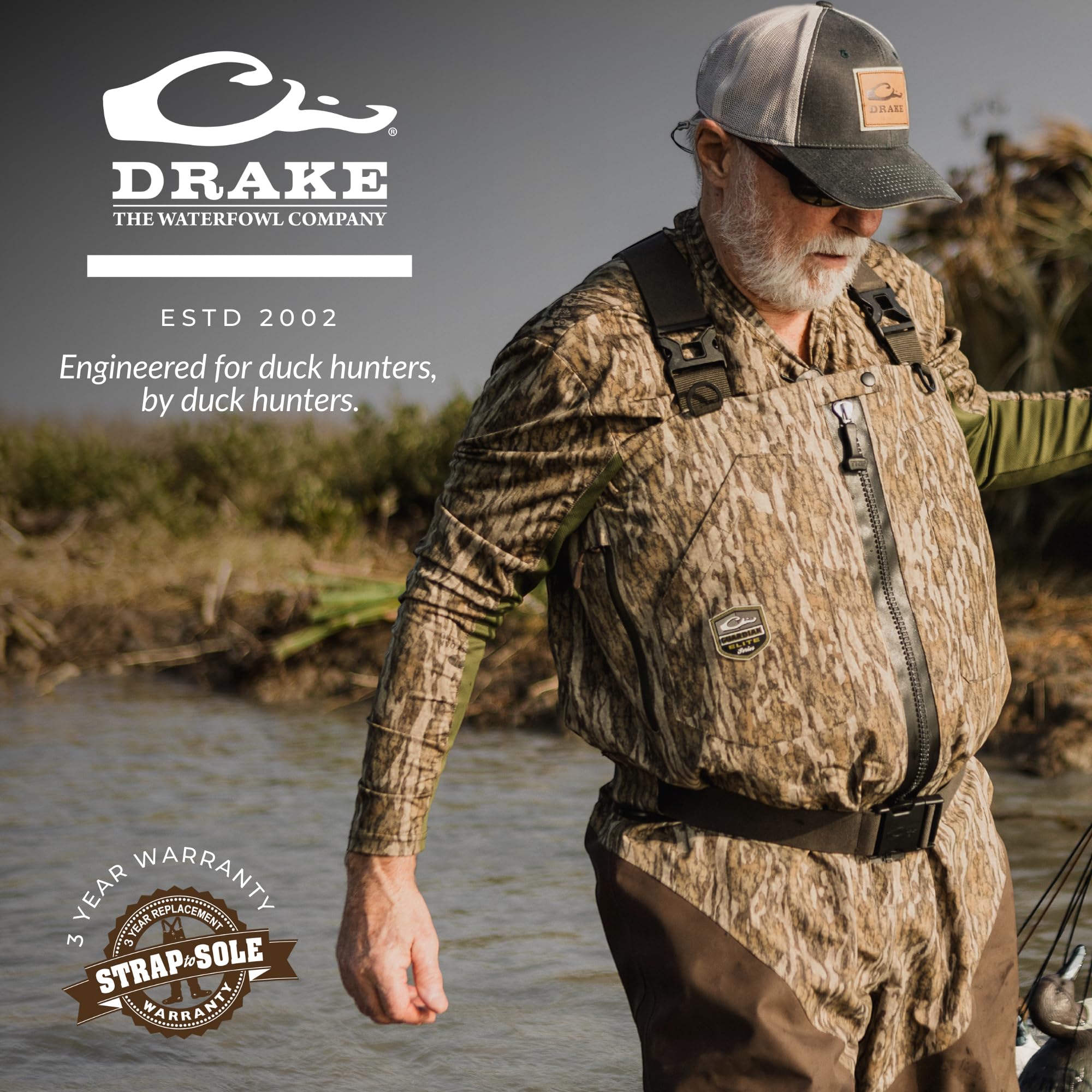 Durable taped seams and HD2 wear areas on Drake chest wader in bottomland fabric