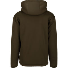 Drake Waterfowl Youth LST Silencer Hoodie back view highlighting wind-resistant hood and range of motion.