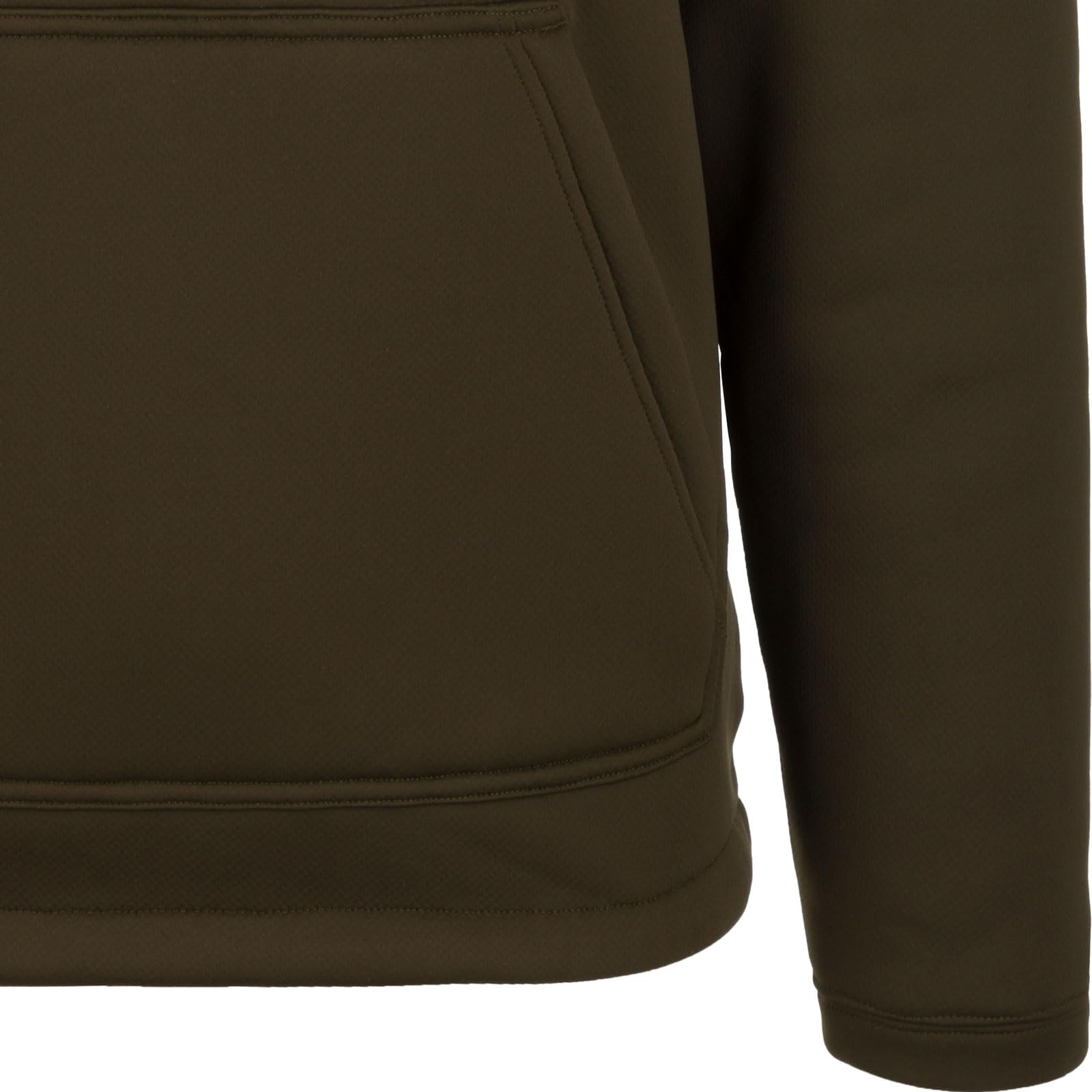 Drake Waterfowl Youth LST Silencer Hoodie kangaroo pouch close-up shows knit jersey warmth.