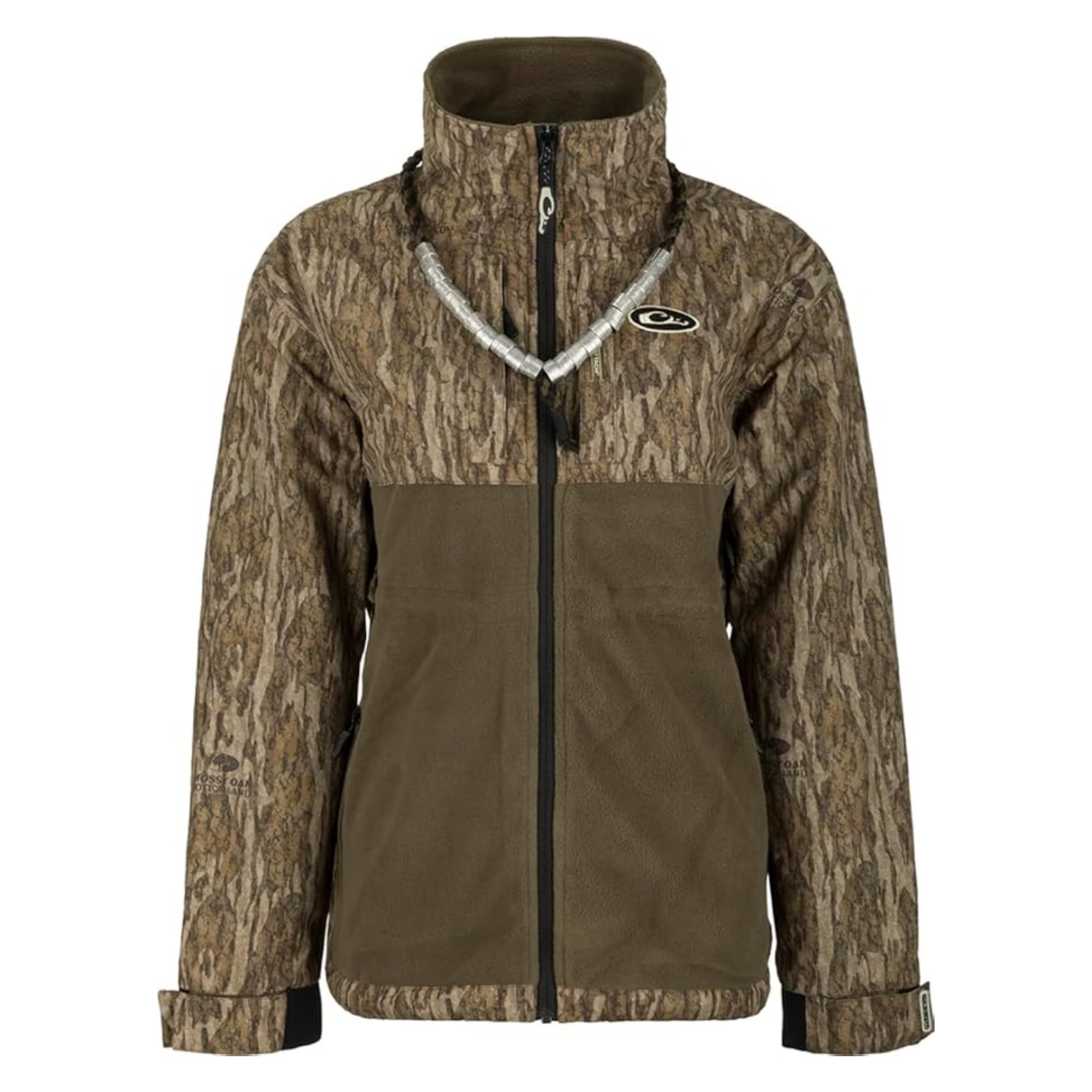 Drake Women's Eqwaderplus Full Zip Mossy Oak Bottomland front view with waterproof breathability for waders