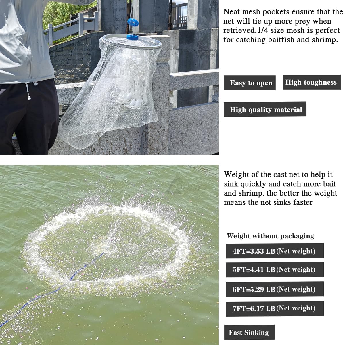 Drasry cast net bottom line and 1/4 mesh for various bait species