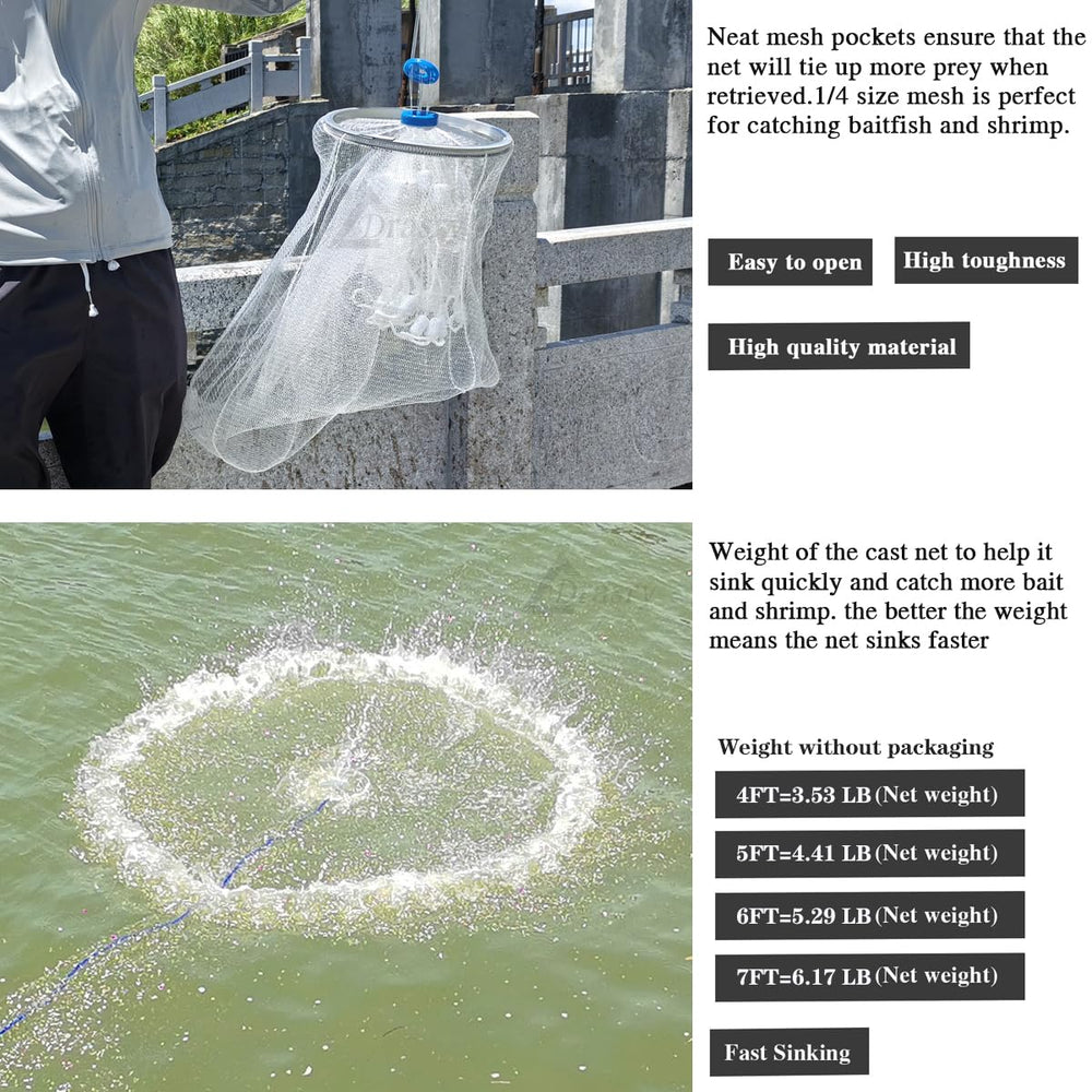 Drasry cast net bottom features 1/4 mesh to hold baitfish and shrimp