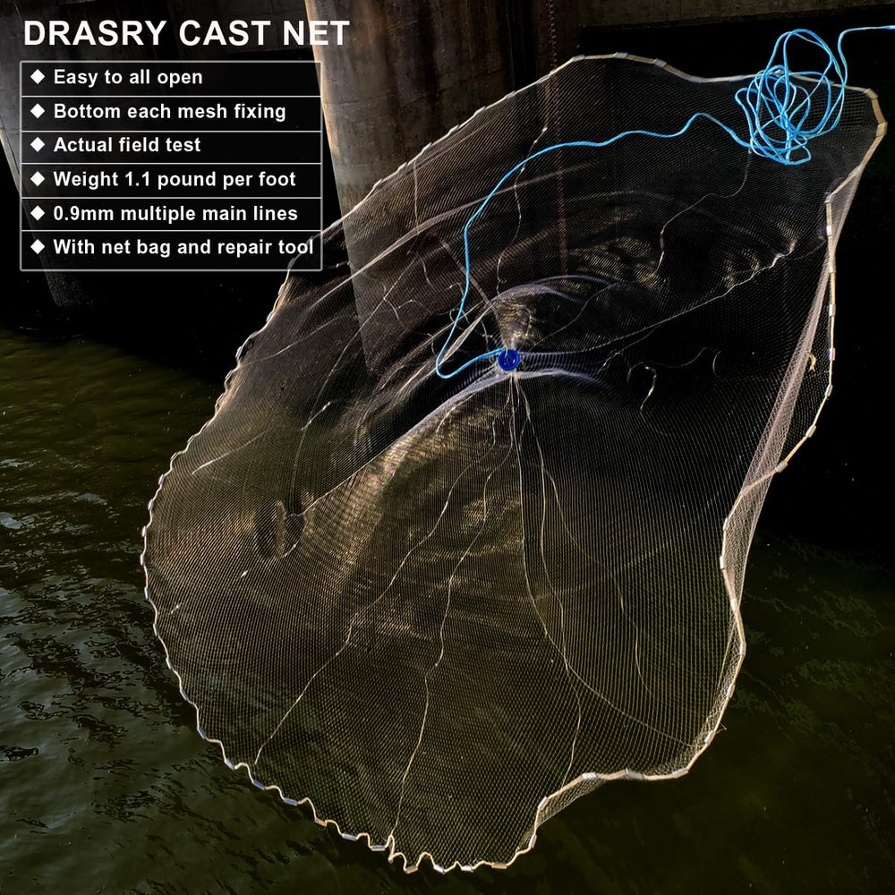 Drasry cast net being cast shows user-friendly operation for beginners.