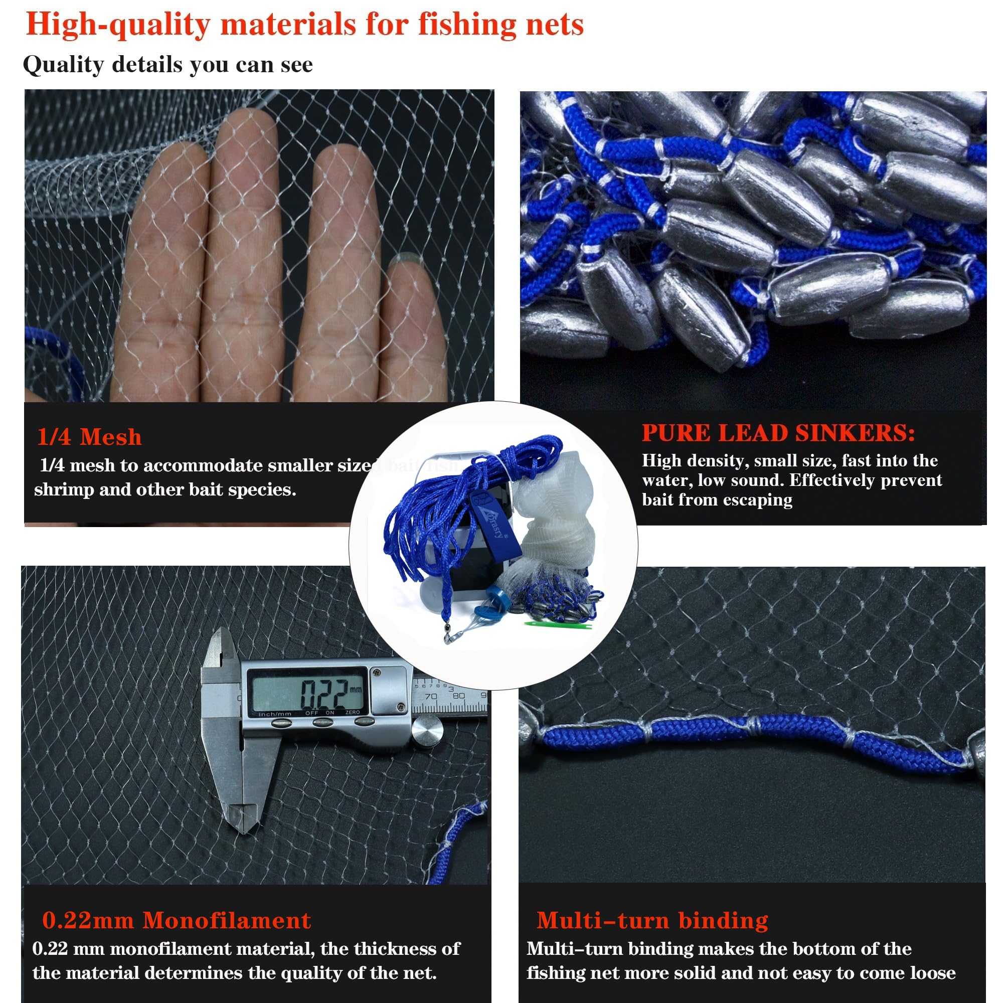 Drasry cast net using copolymer monofilament mesh for strong, flexible throws.