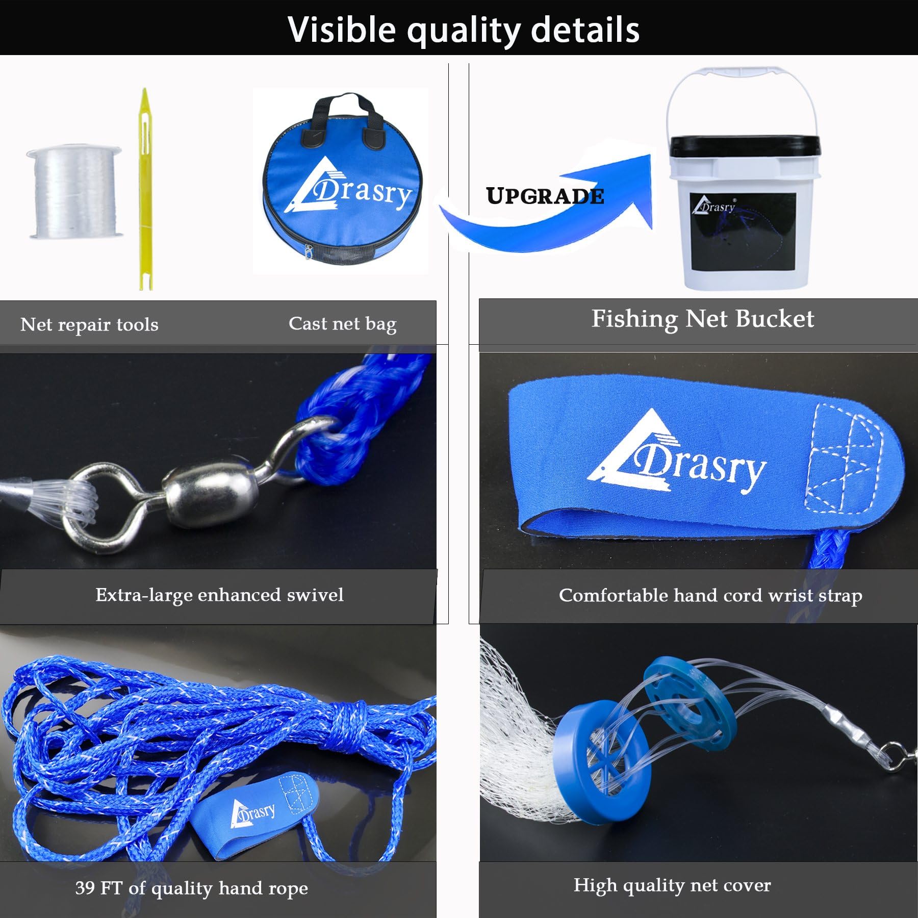 Drasry cast net 39-foot handline rope for smooth retrieval.