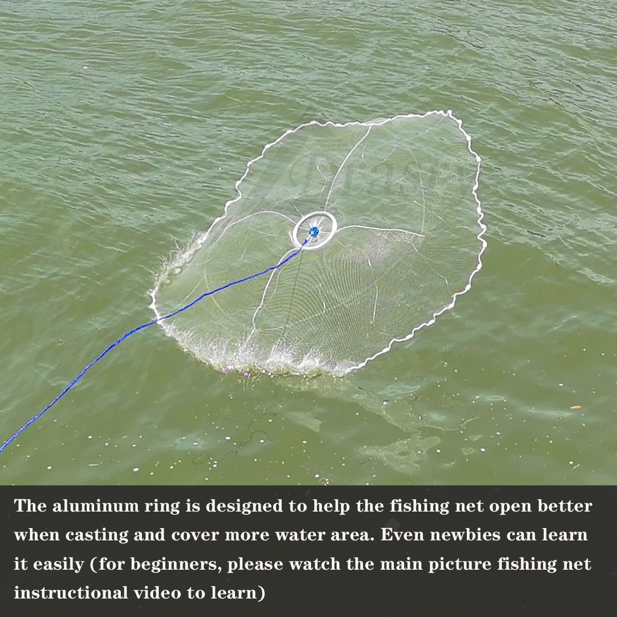 Drasry cast net opened mid-catch to showcase fluffing technology and cast ease