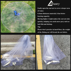 Drasry cast net with pure lead sinkers for reduced splash and quick sinking.
