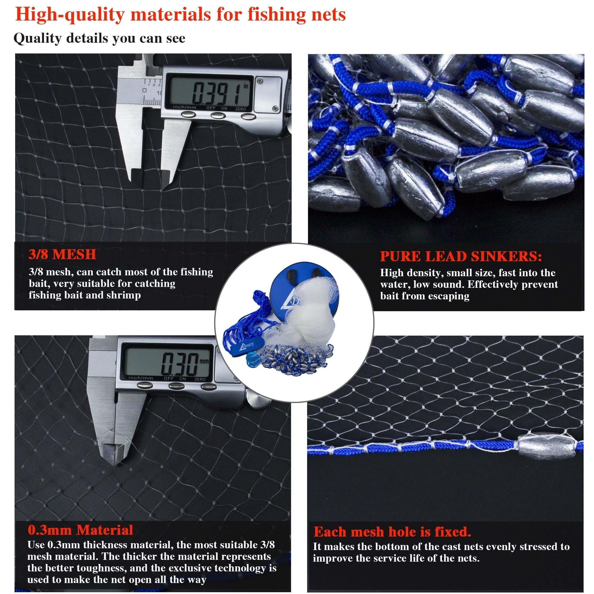 Drasry cast net sinking action with lead sinkers reducing splash