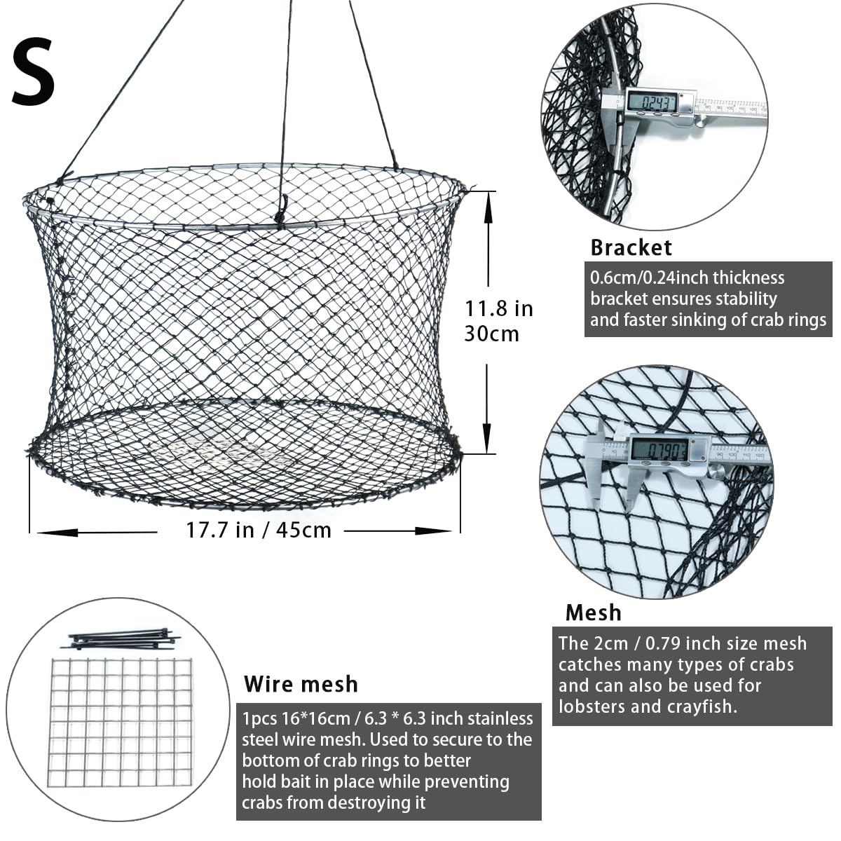 Drasry crab ring trap shows 0.79 inch mesh size for broad prey capture.