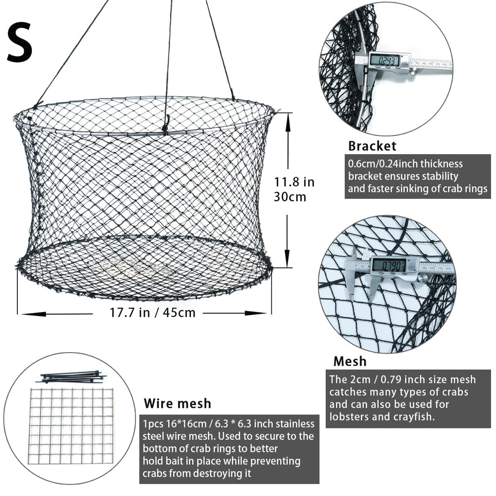 Drasry crab ring trap shows 0.79 inch mesh size for broad prey capture.